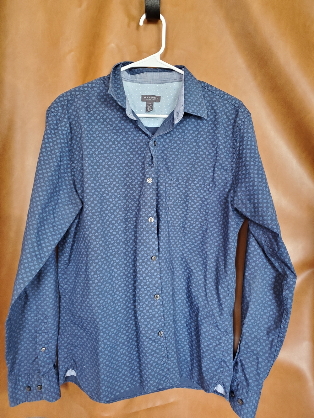 Mens Large Van Heusen Navy Blue Micro-Print Button-Down Shirt